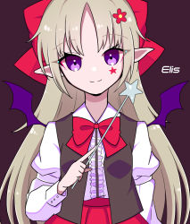 Rule 34 | 1girl, bat (animal), bat wings, blonde hair, bow, bowtie, brown vest, center frills, character name, closed mouth, collared shirt, commentary request, elis (touhou), eyelashes, eyes visible through hair, facial mark, flower, frills, hair bow, hair flower, hair ornament, holding, holding wand, juliet sleeves, kumeri0804, long hair, long sleeves, open clothes, open vest, pointy ears, puffy sleeves, purple background, purple eyes, red bow, red bowtie, red skirt, shirt, simple background, skirt, smile, star wand, touhou, touhou (pc-98), upper body, very long hair, vest, wand, white shirt, wings
