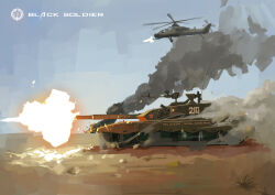 Rule 34 | absurdres, aircraft, battle, black soldier, cannon, firing, helicopter, highres, impasto, military vehicle, motor vehicle, muzzle flash, no humans, oil painting (medium), original, painting (medium), people&#039;s liberation army, smoke, tank, traditional media, turret, type 99 tank, vehicle focus, watermark, wz-10