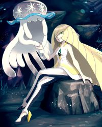 Rule 34 | 1girl, bare shoulders, blonde hair, boulder, breasts, cave, clenched teeth, creatures (company), crossed legs, diamond (shape), dress, evil grin, evil smile, full body, game freak, gen 7 pokemon, gonzarez, green eyes, grin, hair over one eye, high heels, highres, leggings, legs, long hair, looking at viewer, lusamine (pokemon), mature female, nail polish, nihilego, nintendo, pokemon, pokemon (creature), pokemon sm, sitting, sleeveless, sleeveless dress, small breasts, smile, teeth, tentacles, thighs, ultra beast, very long hair, yellow nails