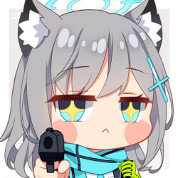 Rule 34 | 1girl, aiming, aiming at viewer, animal ear fluff, animal ears, artist name, blue archive, blue eyes, blue necktie, blue scarf, blush stickers, chibi, closed mouth, commentary, cross hair ornament, english commentary, fpsmoe, frown, gloves, green gloves, grey background, grey hair, gun, hair ornament, halo, holding, holding gun, holding weapon, looking at viewer, necktie, scarf, shiroko (blue archive), simple background, single glove, solo, sparkling eyes, weapon