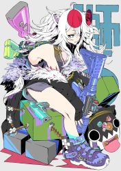 Rule 34 | 1girl, ahoge, animal ears, arrow (projectile), backpack, bag, black coat, black shirt, blue eyes, breasts, cleavage, closed mouth, coat, colorful, commentary, creeper, eyewear on head, fangs, full body, fur-trimmed coat, fur trim, grey background, grey skirt, gun, hair between eyes, handgun, highres, hololive, jewelry, lion ears, lion tail, long hair, medium breasts, minecraft, miniskirt, necklace, off shoulder, open clothes, open coat, purple footwear, round eyewear, see-through, see-through cleavage, shirt, shishiro botan, shishiro botan (1st costume), shoes, simple background, sitting, skirt, sleeveless, sneakers, solo, striped, tail, tetsu booya, thighs, tinted eyewear, vertical stripes, virtual youtuber, weapon, weapon on back, white hair, zipper skirt