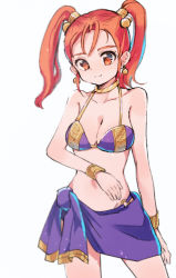 Rule 34 | 1girl, bikini, bikini top only, breasts, cleavage, closed mouth, dragon quest, dragon quest viii, earrings, jessica albert, jewelry, large breasts, looking at viewer, magic bikini (dq), orange hair, sarong, shima moto, simple background, smile, solo, swimsuit, twintails, white background