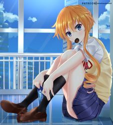 Rule 34 | 1girl, black socks, blue eyes, blue skirt, blush, breasts, building, cloud, commentary request, date a live, drill hair, food, food in mouth, hands on legs, helvetica std, highres, holding, holding food, indoors, loafers, long hair, looking at viewer, medium breasts, orange hair, oreo, patreon username, pleated skirt, red ribbon, ribbon, school uniform, shoes, sidelocks, sitting, skirt, socks, solo, yamai kaguya