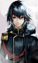 Rule 34 | 10s, 1boy, aiguillette, alternate costume, androgynous, black hair, chain, close-up, closed mouth, epaulettes, fur collar, hair between eyes, hair ornament, hairclip, highres, jacket, looking at viewer, male focus, military, military jacket, military uniform, short hair, smile, solo, stitched face, stitches, suzuya juuzou, tokyo ghoul, tokyo ghoul:re, uniform, yoshio (55level)