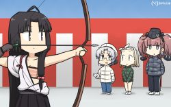 Rule 34 | 4girls, ahoge, aiming, alternate costume, arrow (projectile), atlanta (kancolle), bandeau, black hair, black pants, black skirt, blonde hair, blue pants, bow (weapon), brown eyes, brown hair, camouflage, camouflage jacket, coat, commentary request, dated, earrings, garrison cap, glasses, green eyes, green jacket, grey eyes, grey jacket, hadanugi dousa, hairband, hamu koutarou, hands in pockets, hat, highres, hirato (kancolle), jacket, jewelry, kantai collection, long hair, low-tied long hair, luigi torelli (kancolle), multiple girls, one-hour drawing challenge, open kimono, pants, pleated skirt, short hair, shouhou (kancolle), silver hair, skirt, star (symbol), star earrings, track pants, twintails, two side up, wavy hair, weapon, white jacket, winter clothes, winter coat