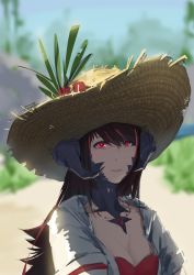 Rule 34 | 1girl, absurdres, au ra, warrior of light (ff14), black hair, blue sky, blurry, blurry background, breasts, cleavage, closed mouth, final fantasy, final fantasy xiv, fish g, flower, hat, hat flower, highres, horns, jewelry, long hair, looking at viewer, multicolored hair, necklace, outdoors, red eyes, red flower, red hair, sky, solo, sun hat, upper body