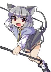 Rule 34 | 1girl, animal ears, capelet, clothes lift, dowsing rod, dress, dress lift, fang, fun bo, grey dress, grey hair, long sleeves, looking at viewer, mouse ears, mouse tail, nazrin, red eyes, solo, tail, touhou