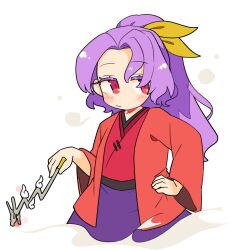 Rule 34 | 1girl, blush, closed mouth, hair ribbon, hand on own hip, highres, holding, holding smoking pipe, ini (inunabe00), japanese clothes, kimono, kiseru, komakusa sannyo, long hair, long sleeves, looking at viewer, ponytail, purple hair, purple skirt, red eyes, red kimono, ribbon, simple background, skirt, smoking pipe, solo, touhou, white background, wide sleeves, yellow ribbon