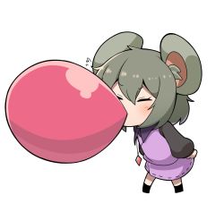 Rule 34 | 1girl, animal ears, black shirt, blush, blowing bubbles, chewing gum, chibi, closed eyes, collared shirt, cookie (touhou), crystal, fake nyon (cookie), full body, grey hair, highres, jewelry, layered clothes, long sleeves, madore, mouse ears, mouse girl, nazrin, pendant, pink shirt, pink skirt, shirt, short hair, simple background, skirt, skirt set, sleeveless, sleeveless shirt, solo, touhou, white background