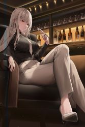 Rule 34 | 1girl, absurdres, blush, bottle, breasts, brown eyes, brown hair, collared shirt, crossed legs, cup, drinking glass, formal, high heels, highres, jacket, knife, large breasts, lillly, long hair, long sleeves, office lady, original, pants, shirt, sitting, solo, wine bottle, wine glass
