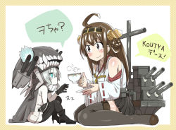 Rule 34 | 10s, 2girls, abyssal ship, ahoge, bare shoulders, black legwear, boots, brown eyes, brown hair, chibi, cup, detached sleeves, double bun, gloves, hair ornament, hairband, japanese clothes, kantai collection, kongou (kancolle), long hair, multiple girls, nontraditional miko, open mouth, personification, pleated skirt, pun, sakurai energy, sitting, skirt, teacup, thigh boots, thighhighs, translated, wariza, wo-class aircraft carrier, zettai ryouiki