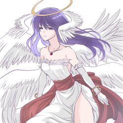Rule 34 | 1girl, akira (kanadomeakira62), angel wings, bare shoulders, blue hair, breasts, cleavage, closed mouth, dress, elbow gloves, facial mark, feathered wings, filia (star ocean), forehead mark, gloves, jewelry, lowres, necklace, simple background, solo, star ocean, star ocean the second story, white background, wings