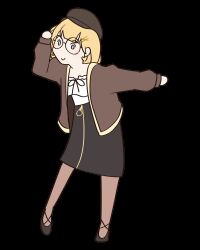 Rule 34 | 1girl, absurdres, animated, animated gif, black skirt, blonde hair, blue eyes, brown coat, brown hat, c:, cabbie hat, coat, commentary, dancing, derivative work, earrings, english commentary, hair ornament, hat, heart, heart earrings, highres, hololive, hololive english, jewelry, long sleeves, looping animation, moon ldl, off-shoulder shirt, off shoulder, official alternate costume, official alternate hairstyle, parody, round eyewear, screenshot redraw, serial experiments lain, shirt, simple background, skirt, smile, solo, transparent background, virtual youtuber, watson amelia, watson amelia (street casual), white shirt, zipper skirt