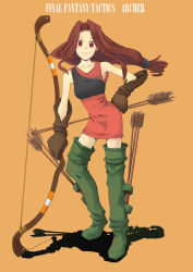 Rule 34 | 1girl, archer (fft), arrow (projectile), boots, bow (weapon), brown hair, female focus, final fantasy, final fantasy tactics, full body, gloves, long hair, red eyes, simple background, skirt, solo, thigh boots, thighhighs, weapon, yunsuku
