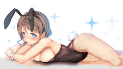 Rule 34 | 10s, 1girl, :&gt;, animal ears, bad id, bad pixiv id, blue eyes, blush, breast press, breasts, brown hair, rabbit ears, rabbit tail, cleavage, closed mouth, detached collar, fake animal ears, fishnet pantyhose, fishnets, food, hachinatsu, hair between eyes, highres, leotard, looking at viewer, love live!, love live! sunshine!!, lying, medium breasts, mouth hold, on stomach, pantyhose, playboy bunny, pocky, solo, sparkle, tail, watanabe you, white background, wrist cuffs
