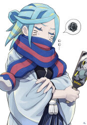 Rule 34 | 1boy, alternate costume, aqua hair, black kimono, blue scarf, character print, closed eyes, commentary request, creatures (company), eyelashes, frigibax, game freak, grey jacket, grusha (pokemon), highres, holding, holding paddle, jacket, japanese clothes, kimono, male focus, min (myna8247), nintendo, open clothes, open jacket, paddle, poke ball print, pokemon, pokemon sv, scarf, scarf over mouth, simple background, solo, spoken squiggle, squiggle, striped clothes, striped scarf, sweatdrop, white background