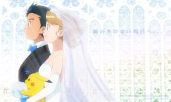 Rule 34 | 1boy, 1girl, aged up, ash ketchum, black hair, black jacket, blue neckwear, bouquet, bow, bowtie, bride, closed mouth, commentary, creatures (company), dress, earrings, elbow gloves, english commentary, eyelashes, flower, from side, game freak, gen 1 pokemon, gloves, groom, holding, husband and wife, jacket, jewelry, light brown hair, nintendo, noelia ponce, pikachu, pokemon, pokemon (anime), pokemon (creature), pokemon xy (anime), serena (pokemon), shirt, short hair, smile, veil, wedding, wedding dress, white dress, white gloves, white shirt