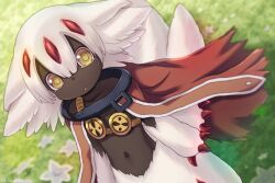 Rule 34 | 1girl, :o, animal ear fluff, animal ears, bra, child, clant st, claws, collarbone, cosplay, dark-skinned female, dark skin, extra arms, faputa, flat chest, furry, furry female, hair between eyes, looking at viewer, made in abyss, monster girl, multiple tails, navel, open mouth, red claws, regu (made in abyss), regu (made in abyss) (cosplay), solo, standing, tail, topless, underwear, upper body, white background, white fur, white hair, yellow eyes