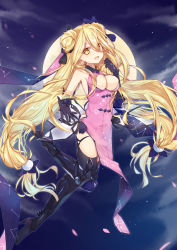 Rule 34 | 1girl, absurdres, armored boots, black footwear, black gloves, black legwear, blonde hair, boots, breasts, cleavage, cleavage cutout, clothing cutout, commentary request, date a live, double bun, dress, floating, gloves, hair between eyes, hair bun, hair ribbon, high heels, highres, hoshimiya mukuro, large breasts, long hair, looking at viewer, mo (pixiv9929995), moon, night, open mouth, petals, purple dress, reaching, reaching towards viewer, ribbon, smile, solo, very long hair, yellow eyes