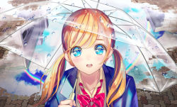 Rule 34 | 1girl, :d, beige shirt, blazer, blonde hair, blue eyes, blue jacket, blue sky, blush, bow, bowtie, cloud, cloudy sky, collared shirt, commentary request, diagonal stripes, eye reflection, holding, holding umbrella, jacket, looking at viewer, low twintails, open clothes, open jacket, open mouth, original, puddle, purple bow, purple bowtie, rain, rainbow, reflection, shirt, sky, smile, solo, striped bow, striped bowtie, striped clothes, striped neckwear, tamaki mitsune, teeth, transparent, transparent umbrella, twintails, umbrella, upper teeth only, water drop