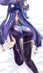Rule 34 | 1girl, ass, ass focus, black hair, blue leotard, bodystocking, facing away, from behind, genshin impact, gold trim, hat, high heels, highleg, highleg leotard, highres, leotard, lying, mona (genshin impact), on stomach, pantyhose, shiny clothes, simple background, solo, thigh strap, thighlet, twintails, uenoryoma, white background, witch hat