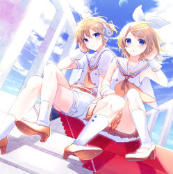 Rule 34 | 1boy, 1girl, alternate color, belt, blonde hair, blue eyes, blue sky, bow, brother and sister, buttons, cloud, day, dutch angle, hair bow, hair ornament, tucking hair, hairclip, handrail, headphones, headset, high heels, highres, kagamine len, kagamine rin, kashiwaba en, crossed legs, looking at viewer, miniskirt, moon, orange neckwear, orange skirt, pale skin, parted lips, pleated skirt, sailor collar, shirt, shorts, siblings, sitting, skirt, sky, socks, treble clef, twins, vocaloid, white shirt, white shorts, wrist cuffs