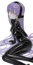 Rule 34 | 1girl, absurdres, arm support, black bodysuit, bodysuit, breasts, corset, fate/grand order, fate (series), gimp suit, heterochromia, highres, kingprotea (fate), latex, latex bodysuit, long hair, looking at viewer, medium breasts, purple eyes, purple hair, saaal653, shiny clothes, skin tight, solo, very long hair, white background, xochitonal (fate), yellow eyes
