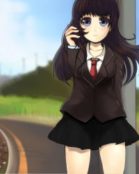 1girl bad_id bad_pixiv_id blue_eyes brown_hair day female_focus ginji74 jacket long_hair necktie original skirt sky smile solo