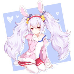 Rule 34 | 1girl, :o, absurdres, animal ears, azur lane, blue background, breasts, camisole, fake animal ears, fur-trimmed jacket, fur trim, hair between eyes, hairband, highres, jacket, laffey (azur lane), long hair, long sleeves, looking at viewer, open clothes, open jacket, pink jacket, poinia, rabbit ears, red eyes, red hairband, red skirt, silver hair, sitting, skirt, small breasts, thighhighs, twintails, two-tone background, very long hair, wariza, white background, white camisole, white thighhighs