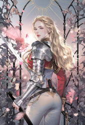 Rule 34 | 1girl, ass, blonde hair, blue eyes, female knight, highres, knight, long hair, looking at viewer, looking back, original, sword, weapon
