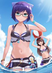 Rule 34 | 2girls, :d, a-chan (hololive), absurdres, arms up, ball, beachball, belt, bikini, bikini shorts, blue sky, bow, bracelet, breasts, brown eyes, brown hair, closed mouth, cloud, day, green eyes, hair bow, hair ornament, highres, holding, holding ball, holding beachball, hololive, hololive summer 2023 swimsuit, jewelry, long hair, looking at viewer, medium breasts, multiple girls, navel, open mouth, outdoors, purple hair, short hair, shorts, sky, small breasts, smile, stomach, swimsuit, tokino sora, typho, virtual youtuber, wading, water, white belt, wristband