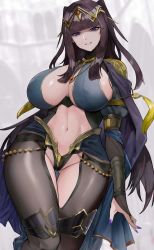 Rule 34 | 1girl, alternate costume, black hair, blunt bangs, blush, bodysuit, bracelet, breasts, bridal gauntlets, cape, fire emblem, fire emblem awakening, gluteal fold, highres, huge breasts, jewelry, kataku musou, looking at viewer, midriff, nail polish, navel, necklace, nintendo, parted lips, puffy sleeves, purple eyes, purple nails, revealing clothes, sideboob, skin tight, smile, solo, tharja (fire emblem), thick thighs, thigh gap, thighs, tiara, wide hips