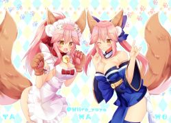 Rule 34 | 10s, 2girls, :3, animal ear fluff, animal ears, animal hands, apron, bell, blue kimono, blue legwear, blue ribbon, blush, breasts, cat hair ornament, cat paws, cleavage, collar, fangs, fate/extra, fate/grand order, fate (series), fox ears, fox girl, fox shadow puppet, fox tail, gloves, hair ornament, hair ribbon, hiiro yuya, japanese clothes, jingle bell, kimono, large breasts, long hair, looking at viewer, maid headdress, multiple girls, naked apron, neck bell, one eye closed, open mouth, paw gloves, pink hair, ponytail, red ribbon, ribbon, tail, tamamo (fate), tamamo cat (fate), tamamo cat (third ascension) (fate), tamamo no mae (fate/extra), yellow eyes