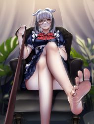 Rule 34 | 1girl, armchair, bare legs, barefoot, black hair, black nails, blunt bangs, chair, commission, crossed legs, earrings, feet, female focus, foot focus, foot out of frame, from below, glasses, grey hair, highres, holding, holding leash, hoop earrings, jewelry, leash, leash pull, long hair, looking at viewer, mole, mole under eye, multicolored hair, nail polish, neck ribbon, nikishiko, pov, red ribbon, ribbon, round eyewear, sitting, smile, soles, thighs, toenail polish, toenails, toes