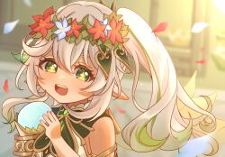 Rule 34 | 1girl, bracelet, commentary request, dress, genshin impact, gradient hair, green eyes, green hair, hair ornament, head wreath, highres, holding, jewelry, kaga mimochi, leaf hair ornament, long hair, multicolored hair, nahida (genshin impact), open mouth, pointy ears, side ponytail, sleeveless, sleeveless dress, smile, solo, teeth, upper body, upper teeth only, white dress, white hair