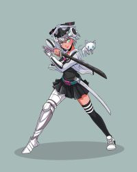 Rule 34 | 1girl, anacathie, animal, aqua eyes, cat, commentary, english commentary, full body, glowing, glowing eyes, green background, helmet, highres, jacket, jolly roger, katana, mariko (quiccs), mask, mask on head, mechanical hands, mechanical legs, official art, original, second-party source, short hair, single mechanical hand, single mechanical leg, single thighhigh, skull and crossed swords, skull mask, sword, thick lips, thighhighs, v-fin, weapon, white cat, white hair