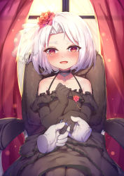 Rule 34 | 1girl, :d, absurdres, anchor, backlighting, bad id, bad pixiv id, bare shoulders, black choker, black dress, black gloves, black pantyhose, blush, choker, collarbone, crying, crying with eyes open, curtains, disembodied limb, dress, elbow gloves, flower, forehead, gloves, hair flower, hair ornament, hand up, happy tears, highres, indoors, jewelry, looking at viewer, office lady, on chair, open mouth, pantyhose, parted bangs, putting on jewelry, ray (pixiv9514208), red eyes, red flower, red rose, ring, rose, see-through, short hair, sitting, sleeveless, sleeveless dress, smile, solo focus, sunset, tears, veil, vittorio veneto (warship girls r), warship girls r, wedding band, wedding dress, white hair, window