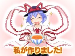 Rule 34 | 1girl, blue hair, bow, bowl, capelet, check translation, closed eyes, female focus, fish (food), food, hat, hat bow, hat ribbon, heart, heart in mouth, ikura (food), iromeki overdrive, nagae iku, open mouth, pun, ribbon, rice, roe, shawl, short hair, smile, solo, touhou, translated, translation request