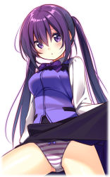Rule 34 | 1girl, black skirt, breasts, clothes lift, gluteal fold, gochuumon wa usagi desu ka?, lifting own clothes, long hair, looking at viewer, medium breasts, panties, purple eyes, purple hair, purple vest, shirt, simple background, skirt, skirt lift, solo, spread legs, striped clothes, striped panties, tedeza rize, thighs, twintails, underwear, usume shirou, very long hair, vest, white background, white shirt