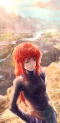 Rule 34 | 1girl, breasts, canyon, commentary, hand on own hip, light smile, lips, long hair, min chan-wook, original, phantom ix row, red eyes, red hair, small breasts, solo, sweater, turtleneck