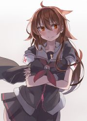 Rule 34 | 1girl, black gloves, black serafuku, black skirt, blush, breasts, brown eyes, brown hair, commentary request, crossed arms, fingerless gloves, gloves, grey background, hair between eyes, hair flaps, hairband, highres, kantai collection, long hair, looking at viewer, medium breasts, neckerchief, pleated skirt, red hairband, red neckerchief, sailor collar, school uniform, serafuku, shiratsuyu (kancolle), shiratsuyu kai ni (kancolle), simple background, skirt, smile, solo, sparkle, sugue tettou, twitter username, whistle, whistle around neck, zipper