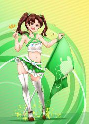 Rule 34 | 1girl, absurdres, belt, boots, bracelet, breasts, brown eyes, brown hair, commentary request, criss-cross halter, dress, emblem, flag, girls und panzer, gradient background, green background, green flag, green ribbon, green skirt, hair ribbon, halter shirt, halterneck, heel up, highres, holding, holding flag, index finger raised, jewelry, kadotani anzu, layered skirt, logo, looking at viewer, medium hair, microskirt, midriff, navel, notice lines, official alternate costume, open mouth, pacific racing team, panties, panty peek, parted bangs, partial commentary, pleated skirt, race queen, ribbon, shadow, shirt, skirt, small breasts, smile, solo, standing, striped, striped background, thigh boots, turtleneck, turtleneck dress, twintails, twitter username, underwear, white belt, white footwear, white panties, white shirt, yellow background, zetto-plus