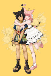 Rule 34 | 1boy, 1girl, :p, aged down, animal ears, arms around neck, bare arms, black hair, black nails, blunt bangs, blush, bow, bracer, cat ears, child, couple, dress, facial scar, fang, final fantasy, final fantasy xiv, floral background, frilled dress, frills, full body, gold collar, hair between eyes, hair bow, highres, hug, hug from behind, kaka ff14, leg up, medium hair, miqo&#039;te, nail polish, open clothes, open mouth, open shirt, own hands clasped, own hands together, pale skin, pink eyes, pink footwear, sandals, scar, scar on cheek, scar on face, short sleeves, smile, standing, tail, tassel, tongue, tongue out, warrior of light (ff14), white bow, white dress, yellow background, yellow eyes