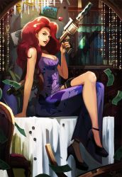 Rule 34 | 1girl, alternate costume, alternate hairstyle, bare shoulders, breasts, china dress, chinese clothes, cleavage, dress, gun, handgun, high heels, large breasts, league of legends, crossed legs, lipstick, long hair, makeup, money, neo-tk.., nose, on table, red hair, miss fortune (league of legends), secret agent miss fortune, side slit, sitting, solo, table, wavy hair, weapon