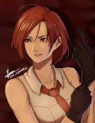 Rule 34 | 1girl, artist name, cm lynarc, female focus, gloves, mature female, military, necktie, open mouth, red eyes, red hair, red tie, shirt, short hair, smile, snk, the king of fighters, vanessa (kof), white shirt
