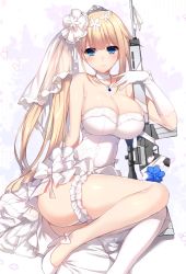 Rule 34 | 1girl, ahoge, alternate costume, ass, battle rifle, blonde hair, blue eyes, blue gemstone, blush, bow, breasts, bridal garter, bridal veil, choker, cleavage, commentary request, dress, elbow gloves, fal (girls&#039; frontline), fal (the big day) (girls&#039; frontline), flower, fn fal, gem, girls&#039; frontline, gloves, gun, hair flower, hair ornament, high heels, holding, holding gun, holding weapon, jewelry, large breasts, long hair, looking at viewer, minamon (vittel221), necklace, petals, ribbon, rifle, side ponytail, simple background, single thighhigh, sitting, skindentation, solo, strapless, strapless dress, thighhighs, tiara, veil, very long hair, weapon, wedding dress, white dress, white footwear, white gloves, white ribbon, white thighhighs, yokozuwari