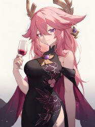 Rule 34 | 1girl, alcohol, animal ears, black dress, blush, breasts, closed mouth, commission, cup, dress, drinking glass, earrings, floppy ears, floral print, fox ears, genshin impact, hair between eyes, hair ornament, highres, holding, holding cup, jewelry, large breasts, long hair, looking at viewer, oioi ainomo, pink hair, purple eyes, purple nails, side slit, smile, solo, wine glass, yae miko