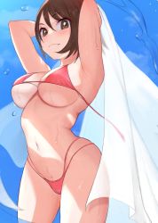 Rule 34 | 1girl, armpits, arms behind head, arms up, bikini, blue sky, blush, breasts, brown eyes, brown hair, cleavage, closed mouth, commentary request, cowboy shot, creatures (company), curvy, day, game freak, gatchan, gloria (pokemon), highres, holding, holding towel, large breasts, looking at viewer, navel, nintendo, outdoors, pink bikini, pokemon, pokemon swsh, revision, short hair, sky, smile, solo, stomach, swimsuit, thighhighs, thighs, towel, underboob, wardrobe malfunction, water