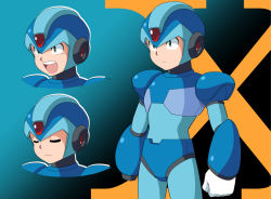 Rule 34 | 1boy, android, anime coloring, arm cannon, bad id, bad pixiv id, clenched hand, closed eyes, gradient background, green eyes, helmet, male focus, mega man (series), x (mega man), mega man x (series), open mouth, solo, weapon, yume yoroi