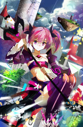 Rule 34 | 1girl, absurdres, aisha landar, black ribbon, boots, breasts, cleavage, day, elsword, floating island, hair between eyes, hair ribbon, highres, holding, holding weapon, long hair, looking at viewer, midriff, navel, outdoors, pink hair, purple eyes, purple footwear, ribbon, small breasts, smile, solo, staff, stomach, thigh boots, thighhighs, twintails, weapon